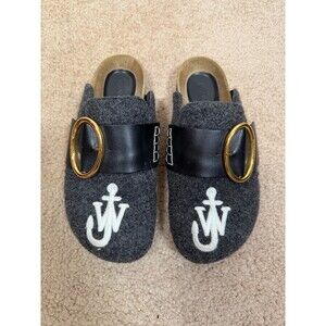 JW Anderson Felt Buckle Mules Clogs Shoes Womens Size 38 US 8 Gray Anchor Logo